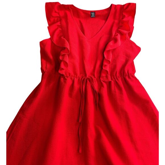 Shein Curve Red V-Neck Ruffled Dress Sz 1XL Sleeveless Elastic Waist Knee Length - Picture 5 of 8